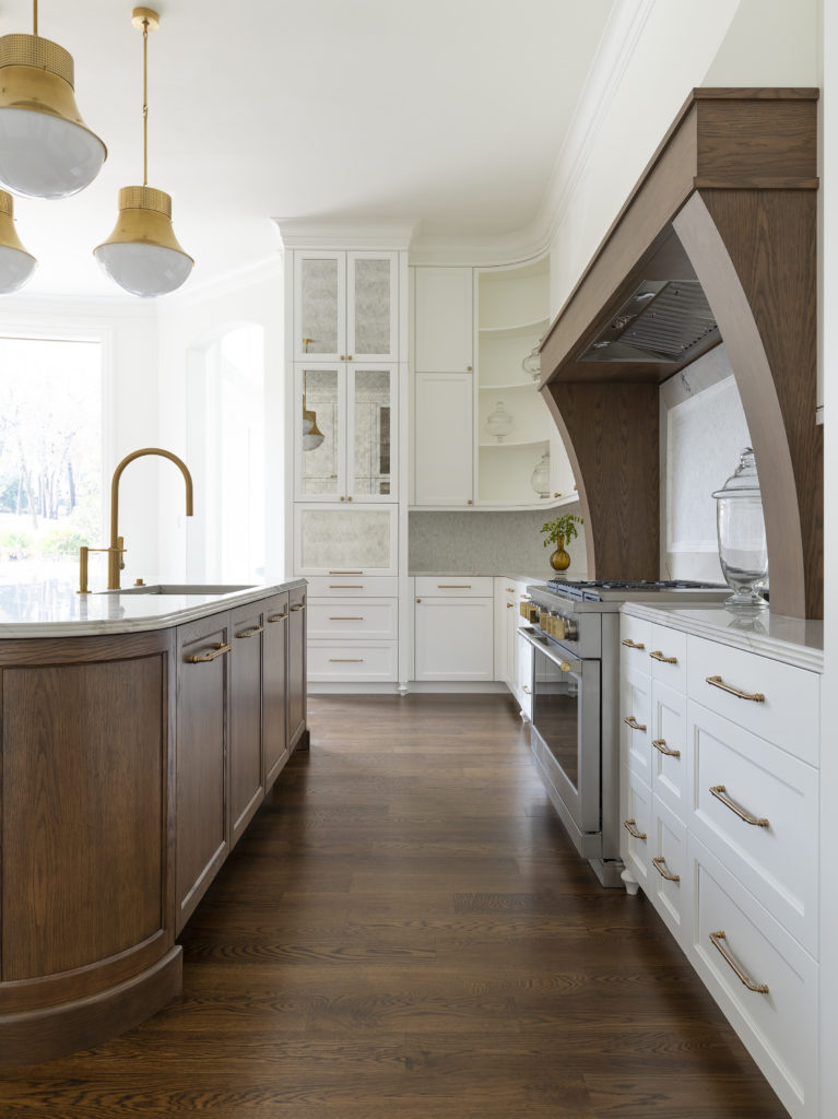 work area between kitchen island and stove top